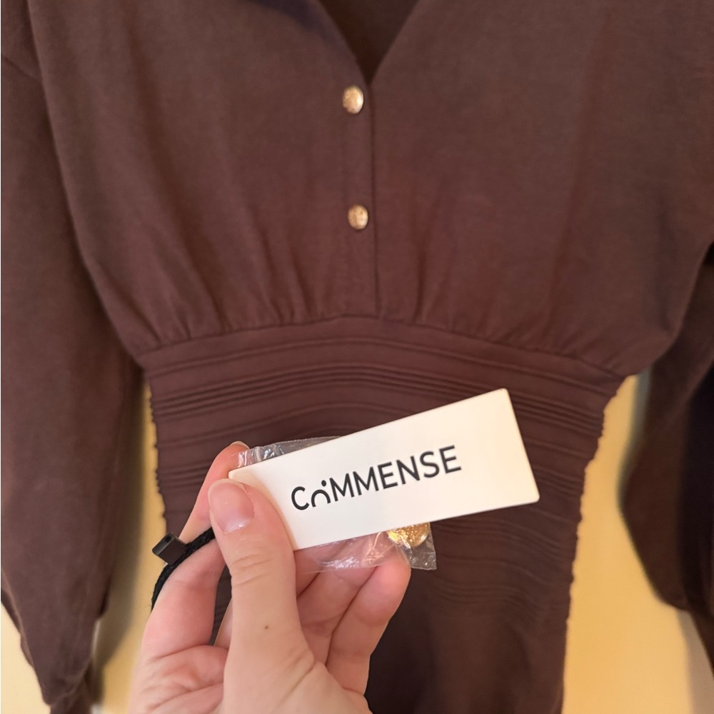 Commense NWT brown midi dress with gold buttons, body con knit sweater ribbed - Picture 3 of 6